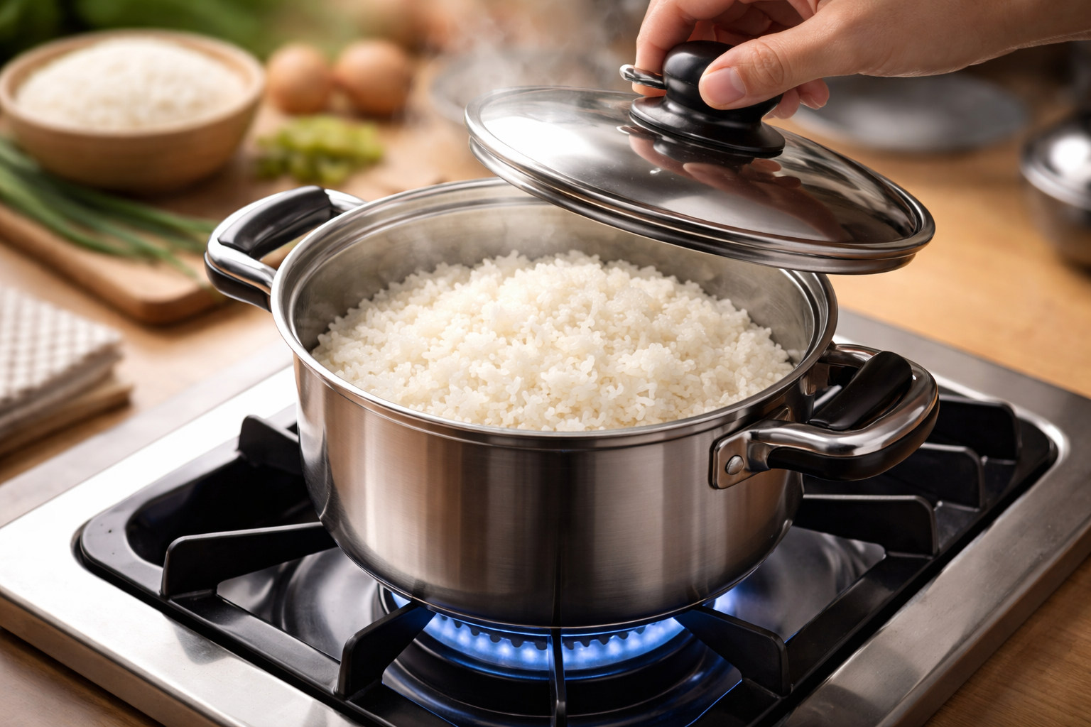 結論:ガスコンロでも「中火→とろ火→蒸らし」でふっくら炊けます